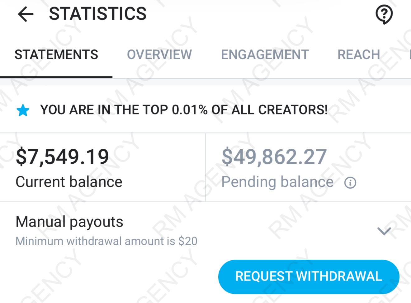 Top 0.01% of all creators with $7,549.19 current balance and $49,862.27 pending balance